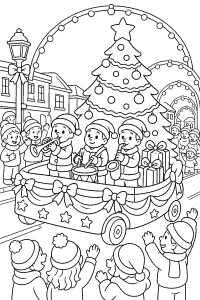 Carro navideño con árbol y músicos dibujo para colorear PDF gratis