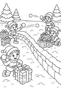 Elfi di Natale che giocano a palle di neve disegno da colorare PDF gratis