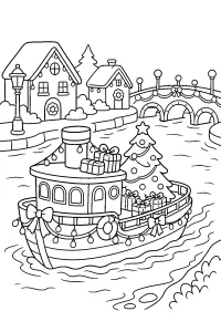 Battello natalizio con albero e regali disegno da colorare PDF gratis