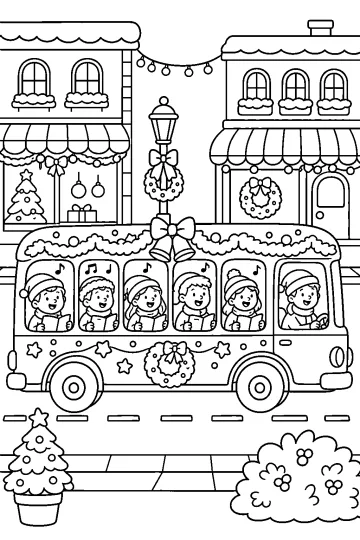 Autobus decorato per Natale con bambini che cantano ai finestrini davanti a negozi addobbati