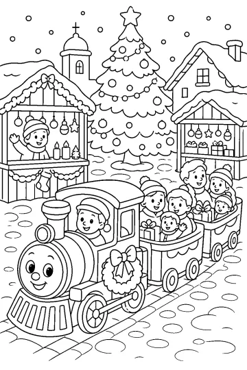 Trenino natalizio con bambini e regali davanti a bancarelle e a un grande albero di Natale