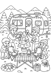 Campeggio di Natale davanti alla roulotte disegno da colorare PDF gratis