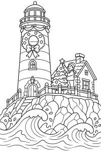 Faro di Natale con ghirlanda e albero disegno da colorare PDF gratis