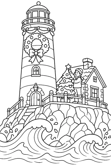 Phare de Noël avec grande couronne, sapin décoré, maison du gardien, rochers et vagues