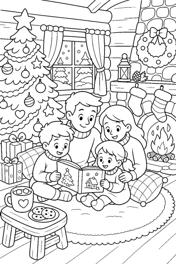 Famiglia che legge in una baita natalizia con albero decorato, camino, calze appese e finestra innevata