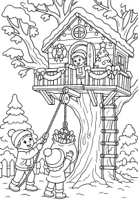 Casa sull'albero di Natale con bambini e regali disegno da colorare PDF gratis