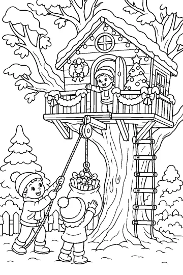 Casa del árbol decorada por Navidad con niños, regalos, escalera de cuerda y pequeño árbol navideño