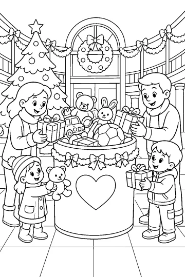 Famille et enfants avec des cadeaux devant une grande boîte à cœur décorée pour Noël