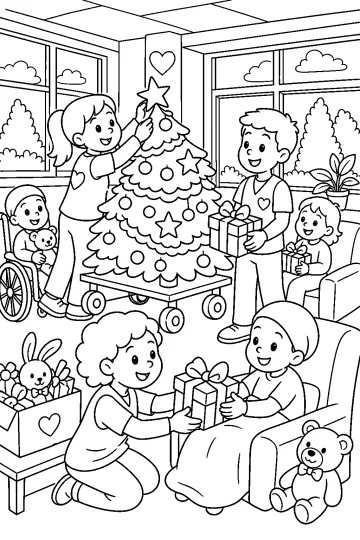 Des enfants et des adultes décorent un sapin de Noël et tiennent des cadeaux dans une pièce.