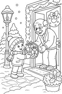 Criança com cesta de presentes à porta desenho para colorir PDF grátis