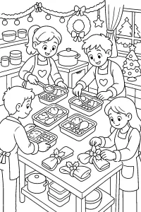 Volontari preparano pasti di Natale disegno da colorare PDF gratis