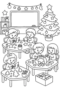 Bambini decorano l'aula per Natale disegno da colorare PDF gratis