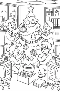 Collega's versieren de kerstboom op kantoor kleurplaat gratis PDF
