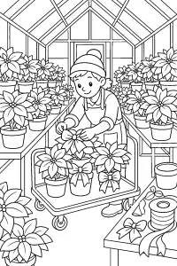 Gärtnerin mit Weihnachtssternen im Gewächshaus malvorlage kostenlos PDF