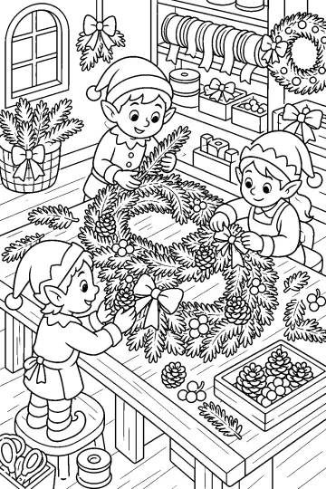 Drei kleine Elfen basteln an einem Tisch einen Weihnachtskranz mit Zweigen, Tannenzapfen und Schleifen.