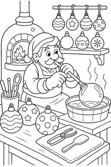 Artigiano che lavora una pallina di Natale in un laboratorio con ornamenti appesi