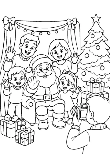Babbo Natale seduto con tre bambini davanti a un albero di Natale, fotografati da un fotografo