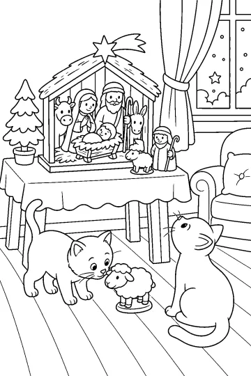 Deux chats près d'une crèche de Noël posée sur une table dans un salon
