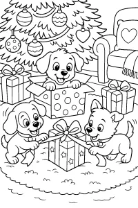 Tre cuccioli con i regali di Natale disegno da colorare PDF gratis
