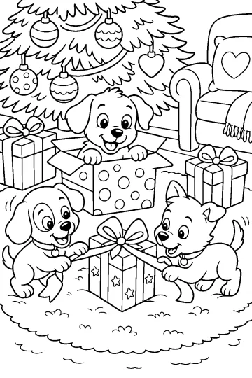 Drie puppy's bij ingepakte cadeaus onder een versierde kerstboom