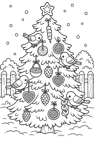 Albero di Natale innevato con uccelli sui rami, decorazioni a forma di cuore e palline di semi
