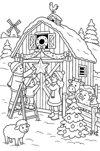 Celeiro de Natal com animais da fazenda desenho para colorir PDF grátis