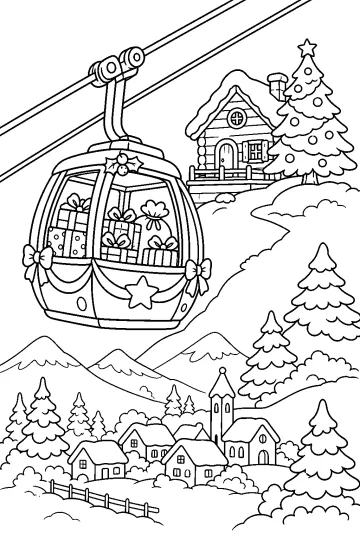 Teleférico navideño decorado con guirnaldas y lazos, lleno de regalos sobre un pueblo nevado de montaña.