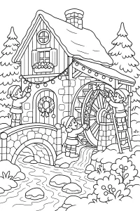 Moulin de Noël avec lutins et roue à eau dessin à colorier PDF gratuit
