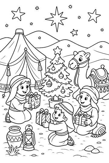 Bambini con regali accanto a un albero di Natale decorato, una tenda, un cammello e lanterne nel deserto sotto le stelle.