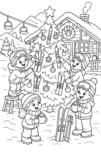 Esquiadores junto al árbol de Navidad dibujo para colorear PDF gratis