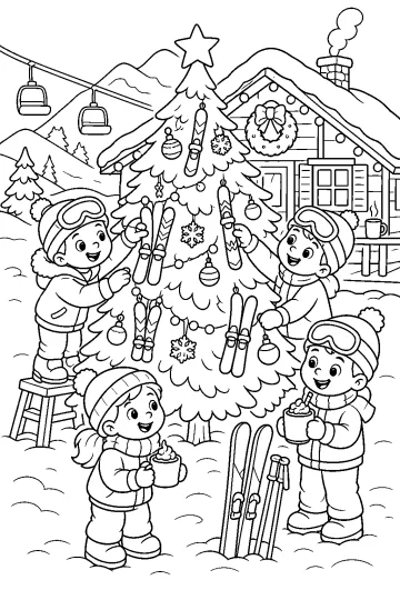 Coloriage d'enfants skieurs près d'un sapin de Noël décoré et d'un chalet enneigé
