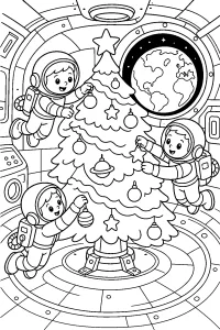 Astronauti decorano l'albero di Natale nello spazio disegno da colorare PDF gratis