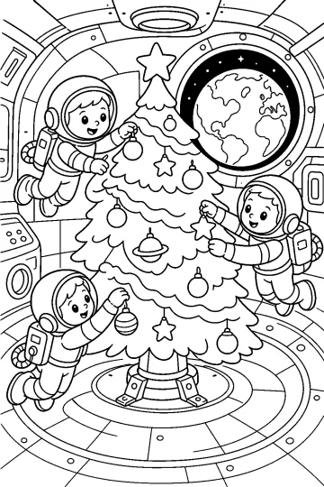 Tre astronauti decorano un albero di Natale in una stazione spaziale davanti a un grande finestrino con la Terra.
