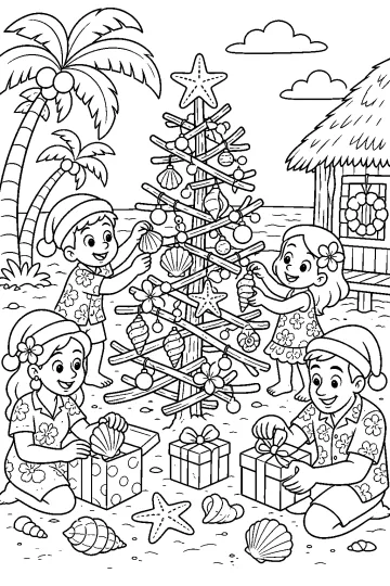 Disegno da colorare di bambini attorno a un albero di Natale di rami sulla spiaggia, con conchiglie, stelle e regali.