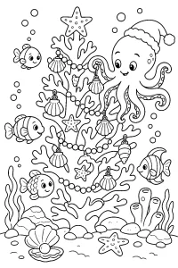 Polpo decora un albero di Natale sott'acqua disegno da colorare PDF gratis