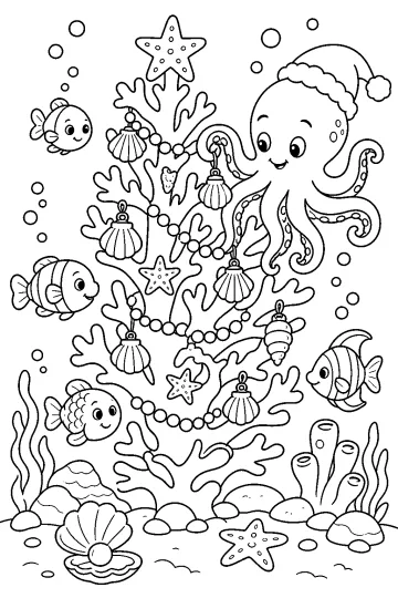 Desenho para colorir de um polvo decorando uma árvore de Natal submarina com peixes, estrelas-do-mar e conchas.
