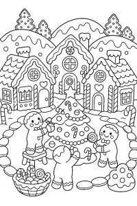 Villaggio di pan di zenzero con omini dolci disegno da colorare PDF gratis
