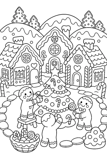 Dibujo para colorear de un pueblo de galletas con casitas, muñecos dulces y árbol de caramelos