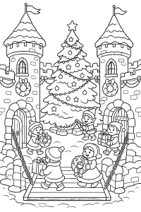 Castello di Natale con grande albero disegno da colorare PDF gratis