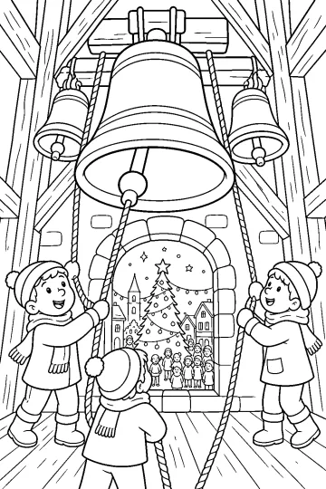 Tres niños tiran de las cuerdas de grandes campanas en una torre, con un árbol de Navidad y casas al fondo.