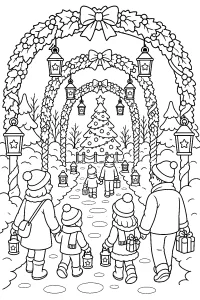 Familien im Weihnachtslaternenpark malvorlage kostenlos PDF
