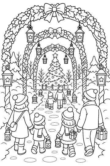 Families and children walk through a snowy park beneath garland arches and lanterns toward a Christmas tree.