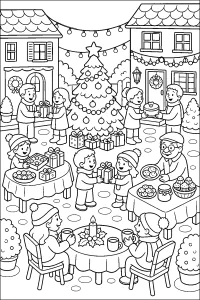 Festa di Natale in cortile con regali disegno da colorare PDF gratis