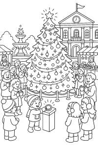Bambino accende l'albero di Natale in piazza disegno da colorare PDF gratis