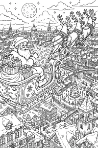 Babbo Natale in slitta sopra la città disegno da colorare PDF gratis