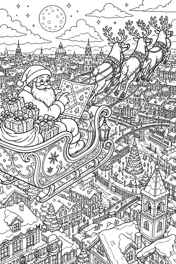 Babbo Natale sulla slitta con renne sopra una città innevata, con luna, ponte e albero di Natale