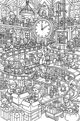 Grande laboratorio di Babbo Natale con elfi disegno da colorare PDF gratis