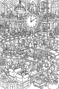 Grande laboratorio di Babbo Natale con elfi disegno da colorare PDF gratis