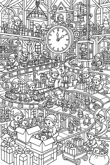 Laboratorio di Babbo Natale con elfi, grande orologio, nastri trasportatori, giocattoli e regali