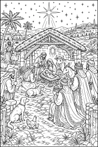 Natività con Re Magi sotto la stella cometa disegno da colorare PDF gratis